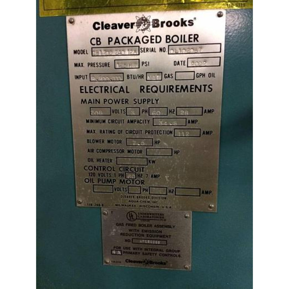 240 HP Cleaver Brooks 125 PSI Hot Water Boiler 2002 Model CBI-700-240-125