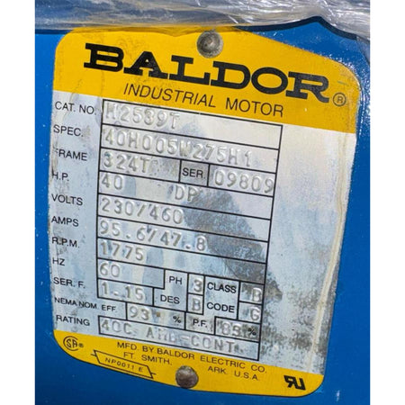 Close-up of Baldor Industrial Motor nameplate on blue motor housing showing Cat. No. H2539T, Spec. 40H005W275H1, Frame 324T, Serial No. 09809, 40 HP, 230/460V, 95.6/47.8 Amps, 1775 RPM, 60 Hz, 3-Phase, Service Factor 1.15, Class B, Design B, Code G, NEMA Nominal Efficiency 93%, Power Factor 83%, Rating 40C AMD-CONT, manufactured by Baldor Electric Co., Ft. Smith, Arkansas, USA, UL and CSA certified