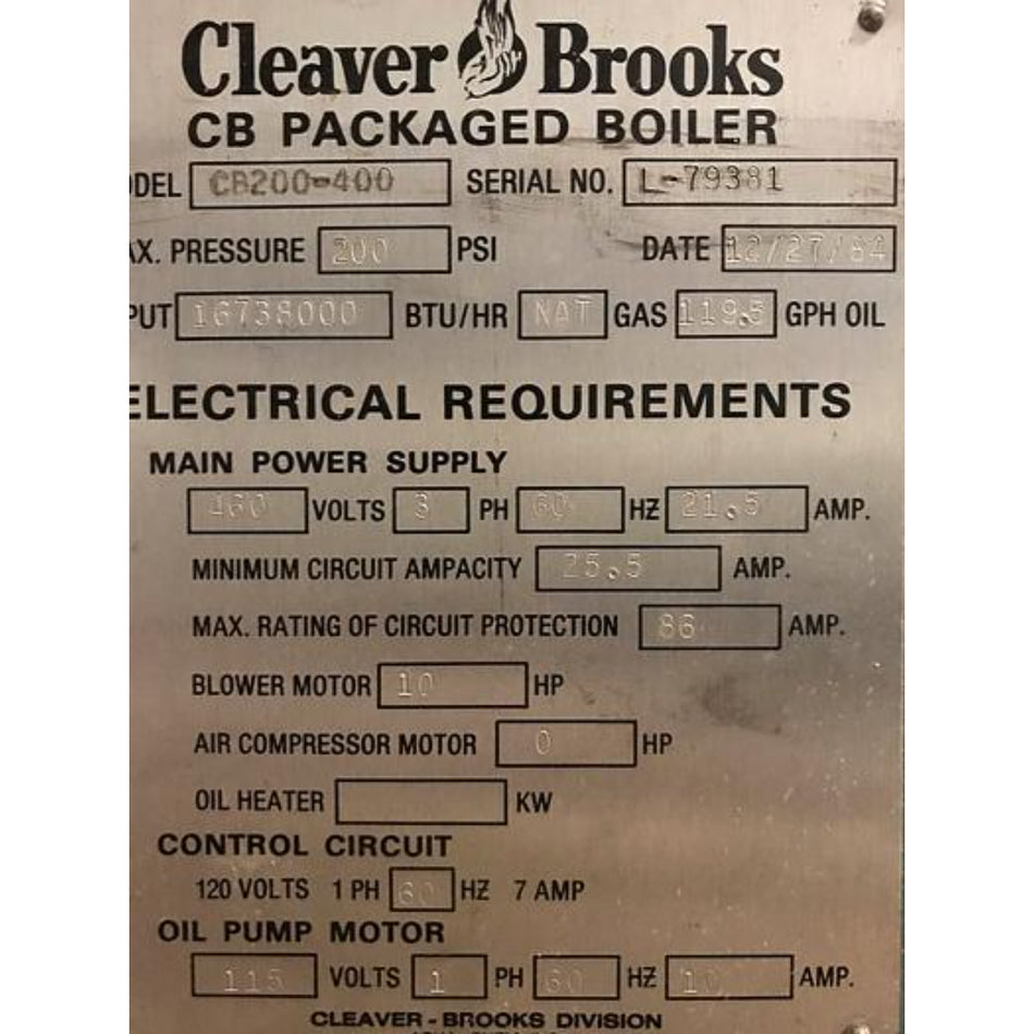 400 HP Cleaver Brooks Steam Boiler 200 PSI 1984 Model CB200-400