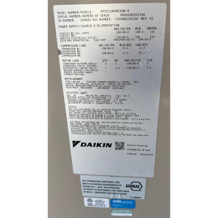 Daikin DPS012AHHE2DW-4 rooftop HVAC unit nameplate showing model, serial number FB0U200201194, 208V/3-phase electrical specs, R410A refrigerant, and ASHRAE 90.1-2016 certification
