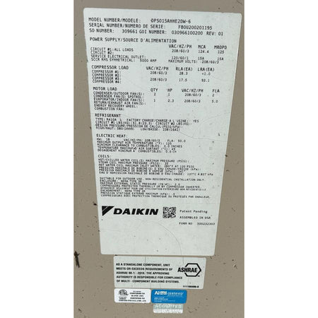 Daikin DPS015AHHE2DW-6 rooftop HVAC unit nameplate showing model, serial number FB0U200201195, 208V/3-phase electrical specs, R410A refrigerant, and ASHRAE 90.1-2016 certification