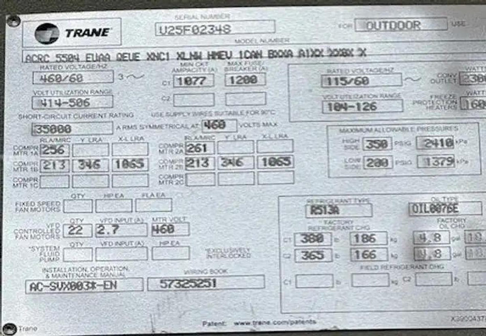 Trane Ascend Air-Cooled Chiller 551 Tons Model ACRC-5504 R-513A 460V/3Ph