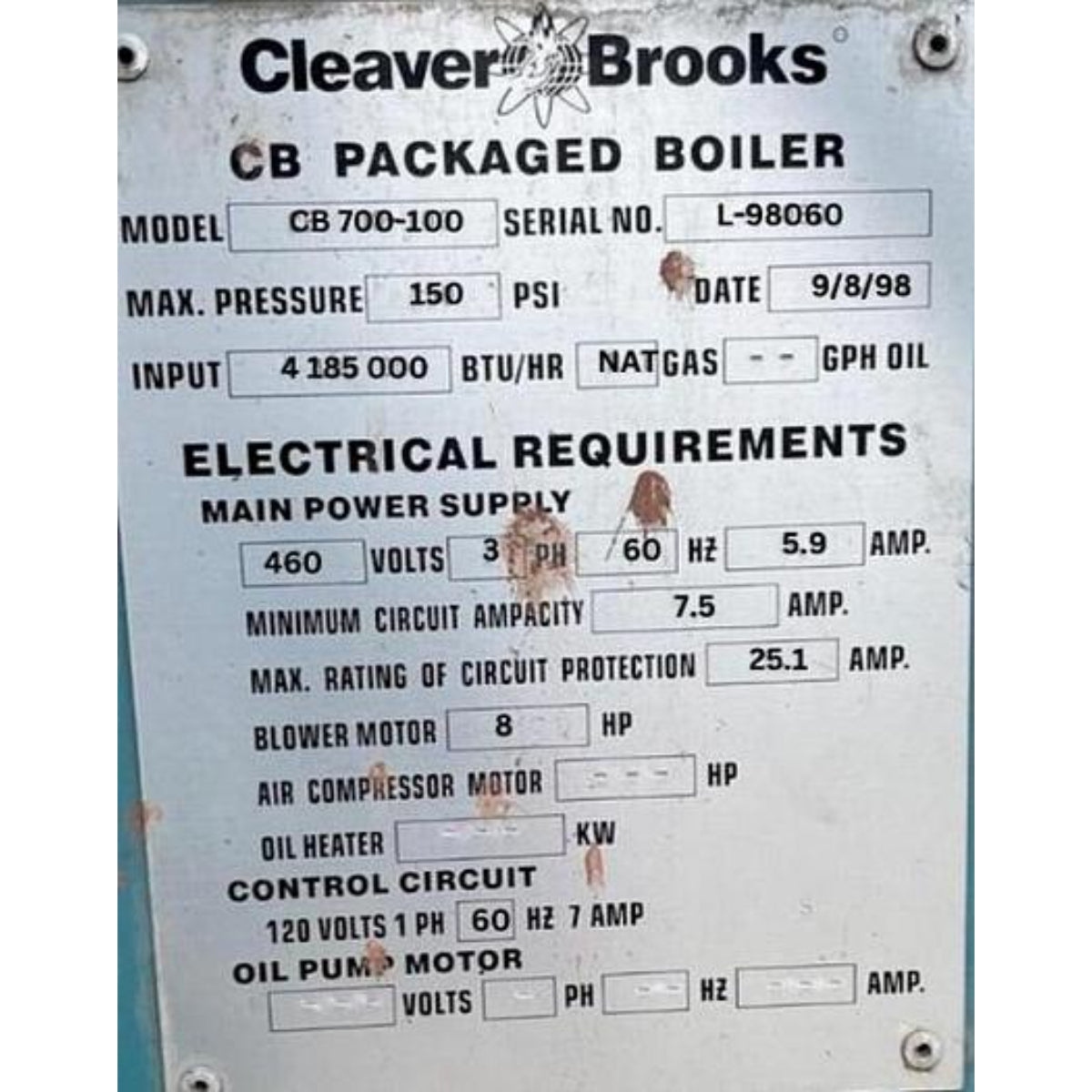 Cleaver Brooks packaged boiler label with technical specifications