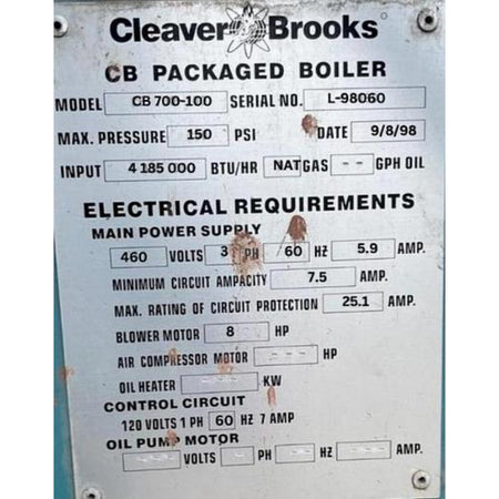 Cleaver Brooks packaged boiler label with technical specifications