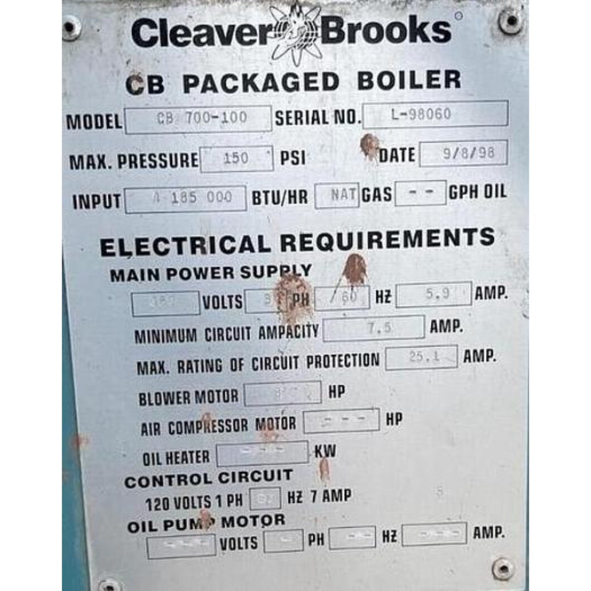 Cleaver Brooks packaged boiler label with technical specifications