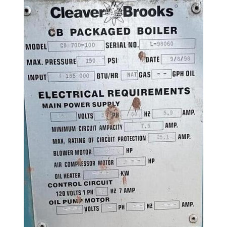 Cleaver Brooks packaged boiler label with technical specifications