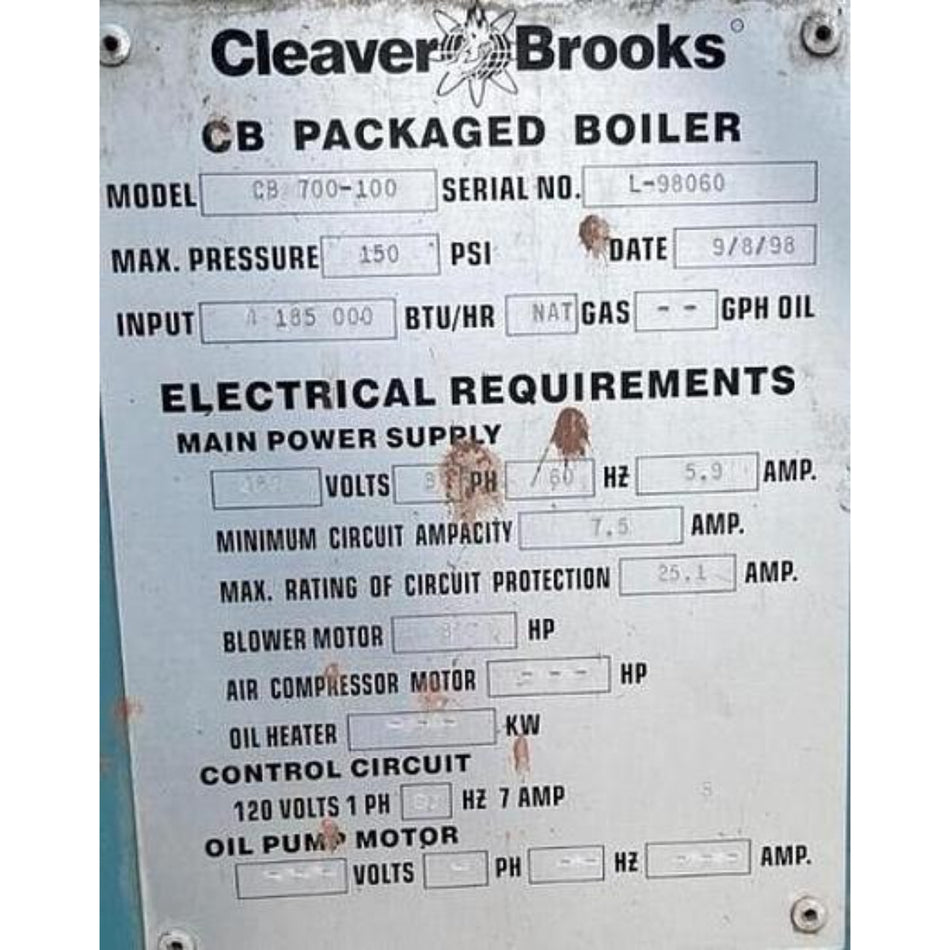 100 HP Cleaver Brooks 150 PSI Steam Boiler 1998 Model CB700-100