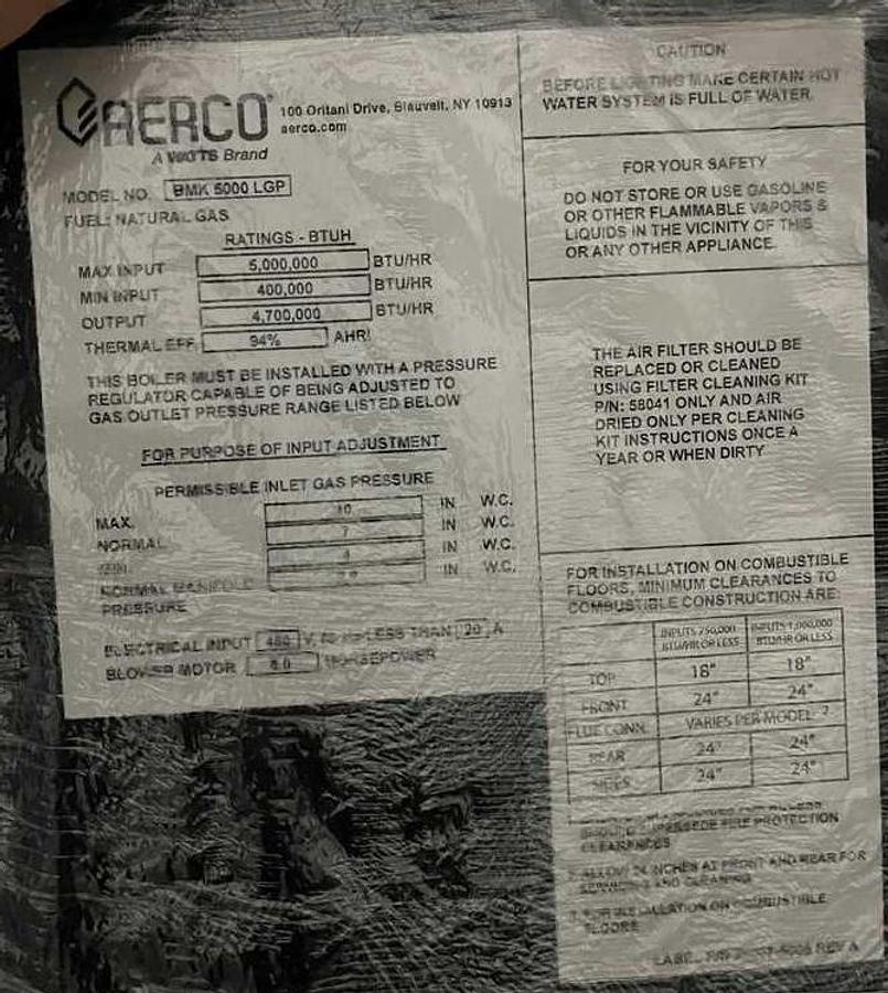 Aerco BMK-5000 LGP 5 Million BTU Gas Boiler 5000 MBH 140HP High Efficiency Condensing Natural Gas