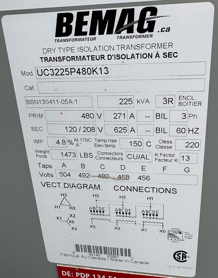 BEMAG 225 kVA Dry Type Isolation Transformer UC3225P480K13