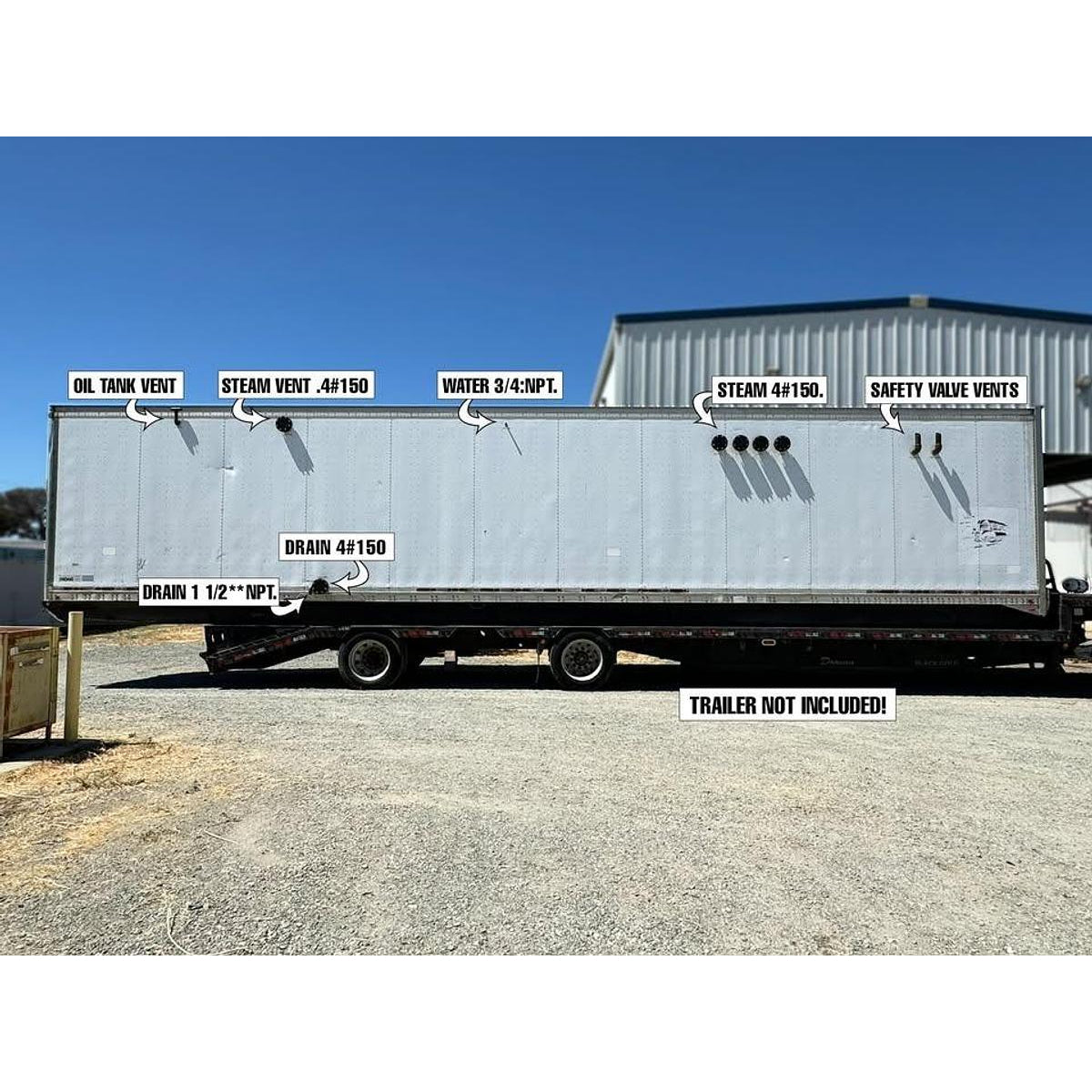 Trailering unit with labeled components on a clear day