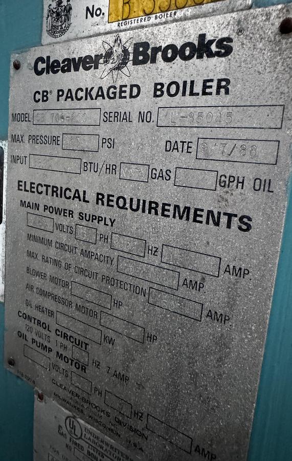 Cleaver Brooks 200HP 150PSI Packaged Steam Boiler CB 700-200 Natural Gas 1988