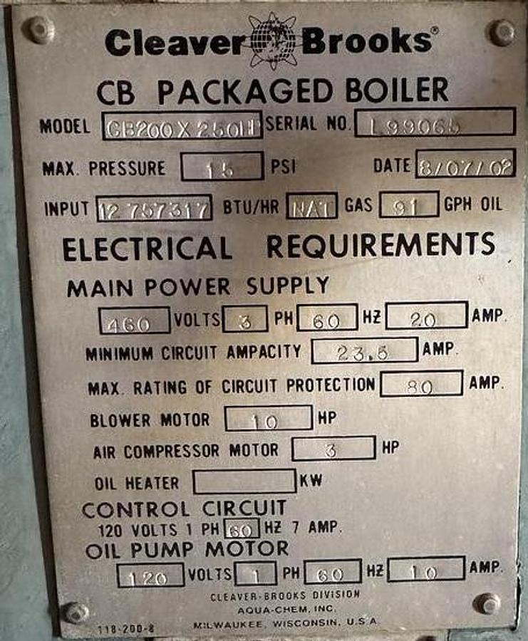 Cleaver Brooks 250HP 15PSI CB Packaged Low Pressure Steam Boiler - Model CBLE - Rebuilt