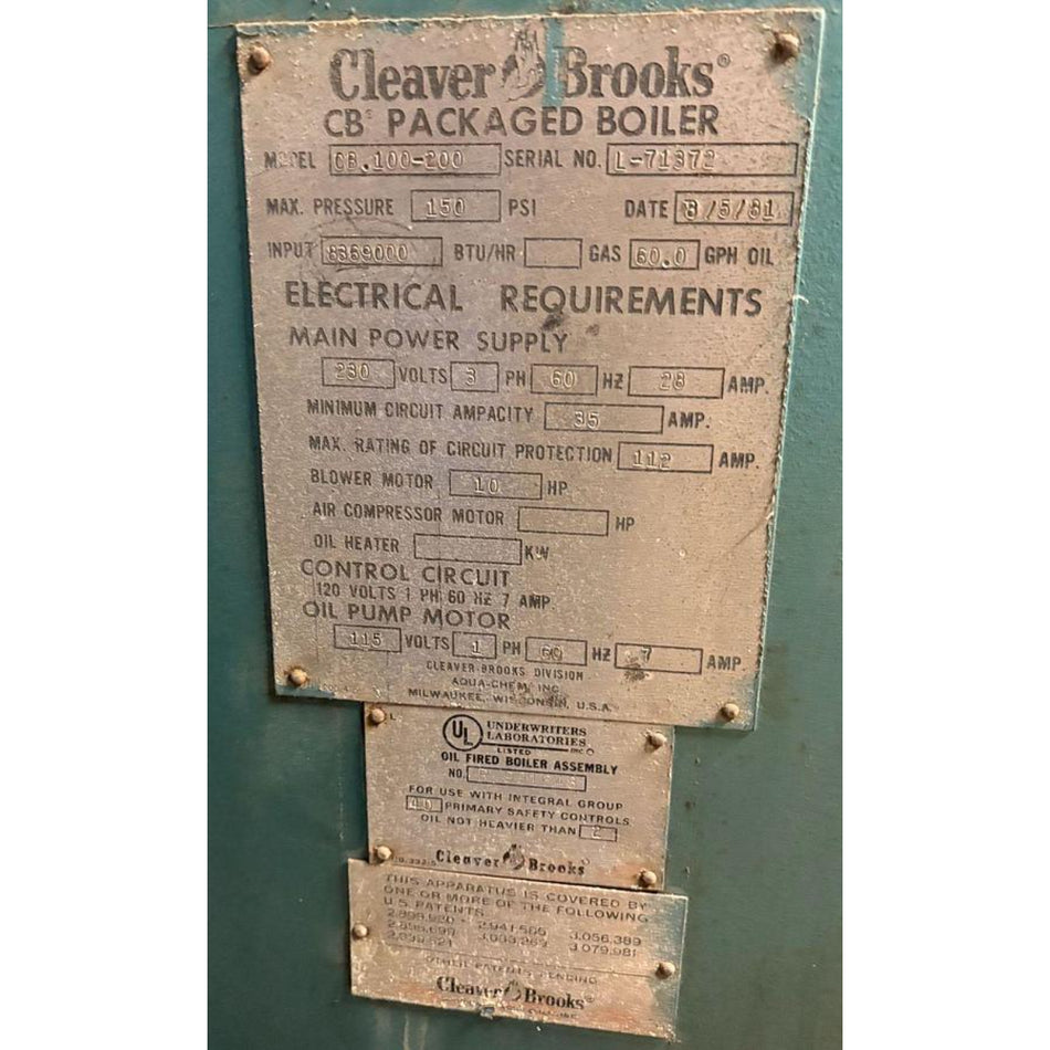 Cleaver Brooks 200 HP 150 PSI Packaged Steam Boiler Natural Gas / Diesel CB-100-200