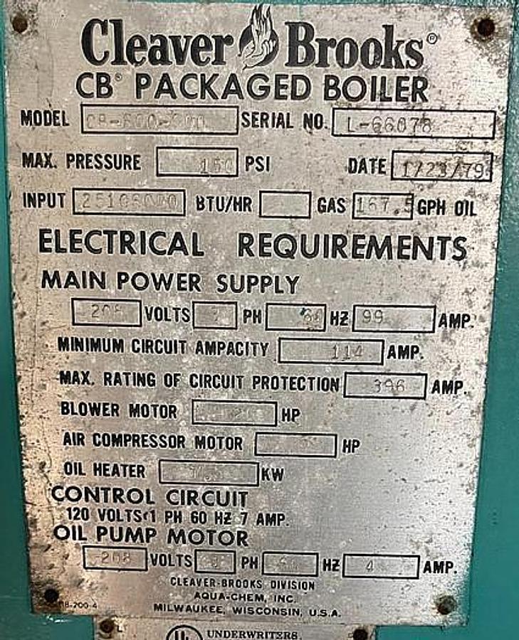 Cleaver Brooks 600HP 150PSI Packaged Steam Boiler CB-600-600