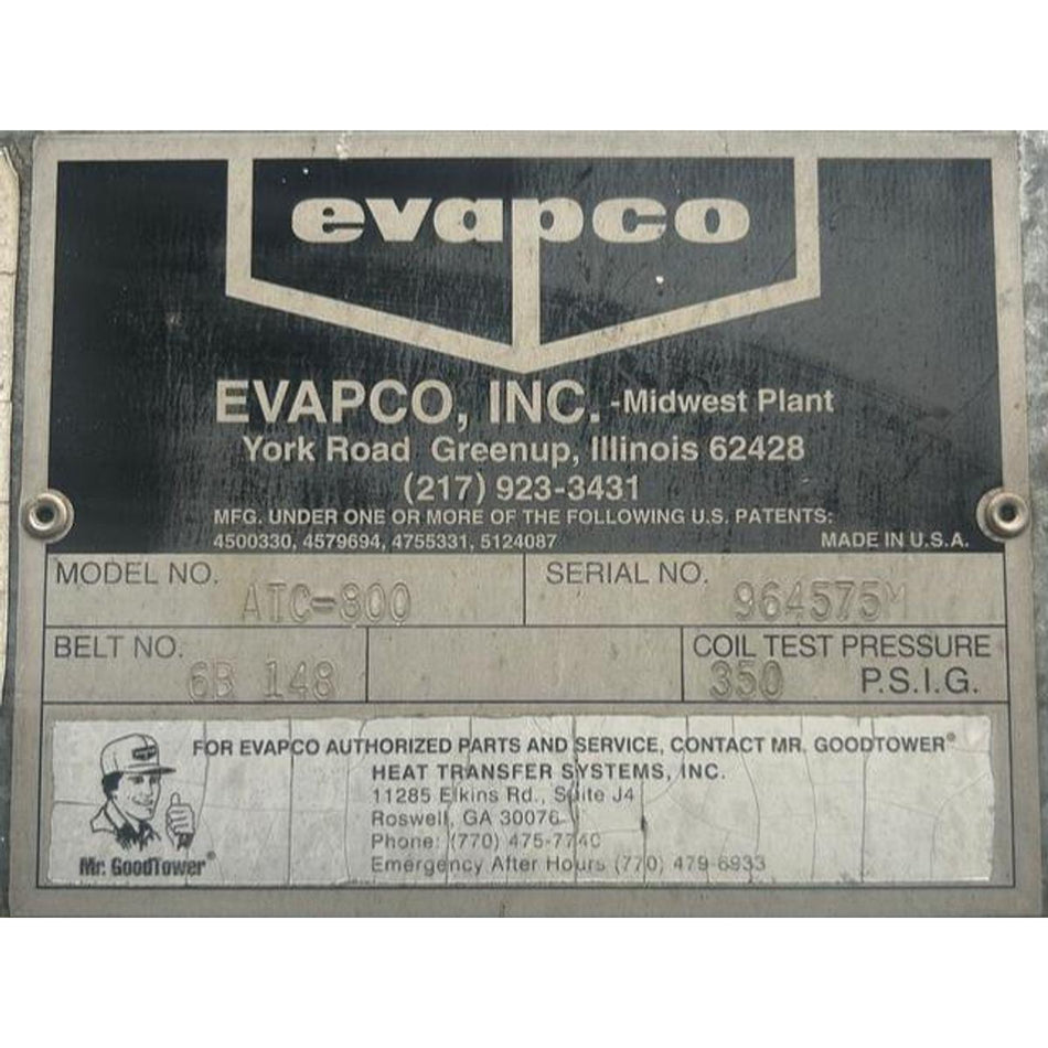 Evapco Inc. machine plate with contact information and specifications