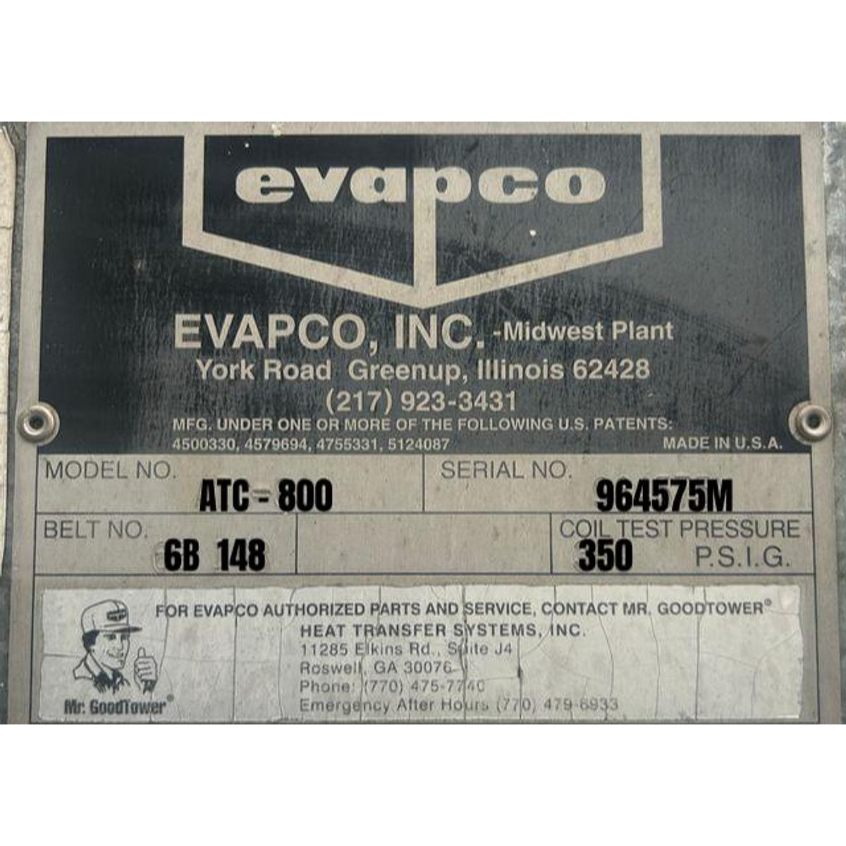 Evapco, Inc. label with contact information and specifications on a metallic background