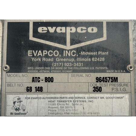 Evapco, Inc. label with contact information and specifications on a metallic background