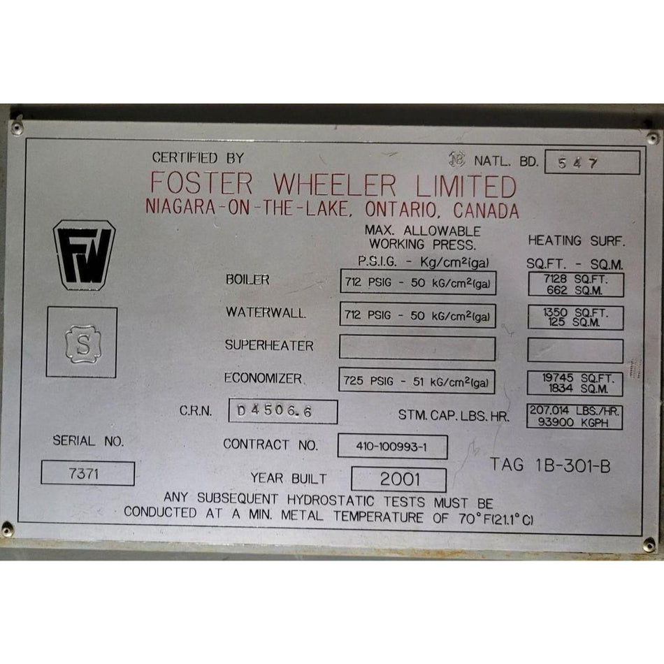 Foster Wheeler 7000 HP Water Tube Boiler System - 712 PSI with NAT-COM Low NOx Burner (2001)