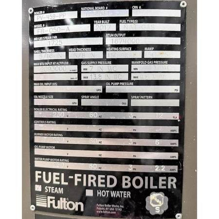 Technical specifications label on a fuel-fired boiler by Fulton