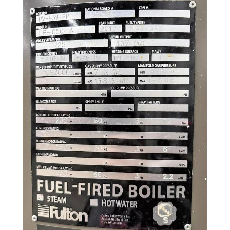 Technical specifications label on a fuel-fired boiler by Fulton