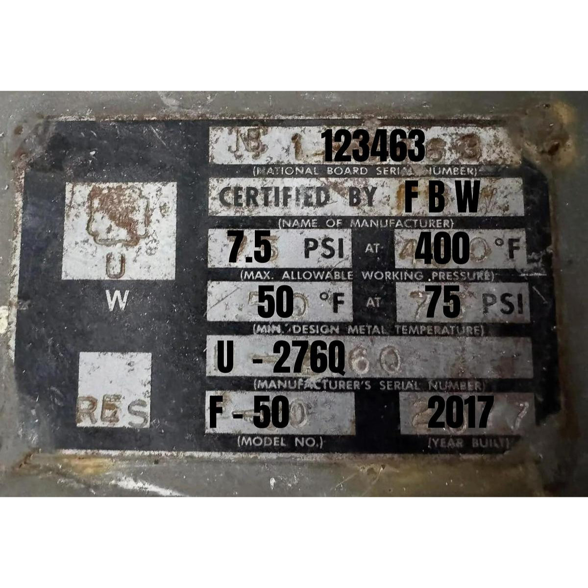 Certification label on a mechanical component with various specifications.