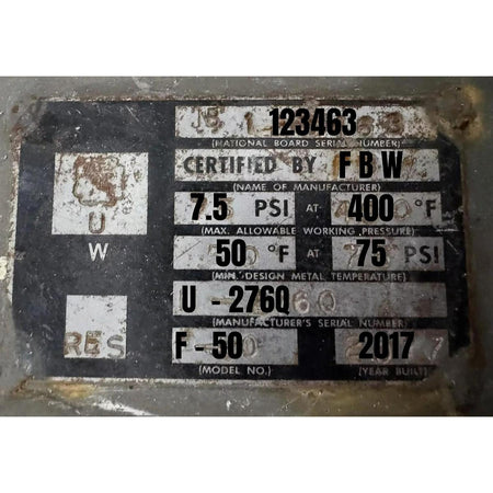 Certification label on a mechanical component with various specifications.