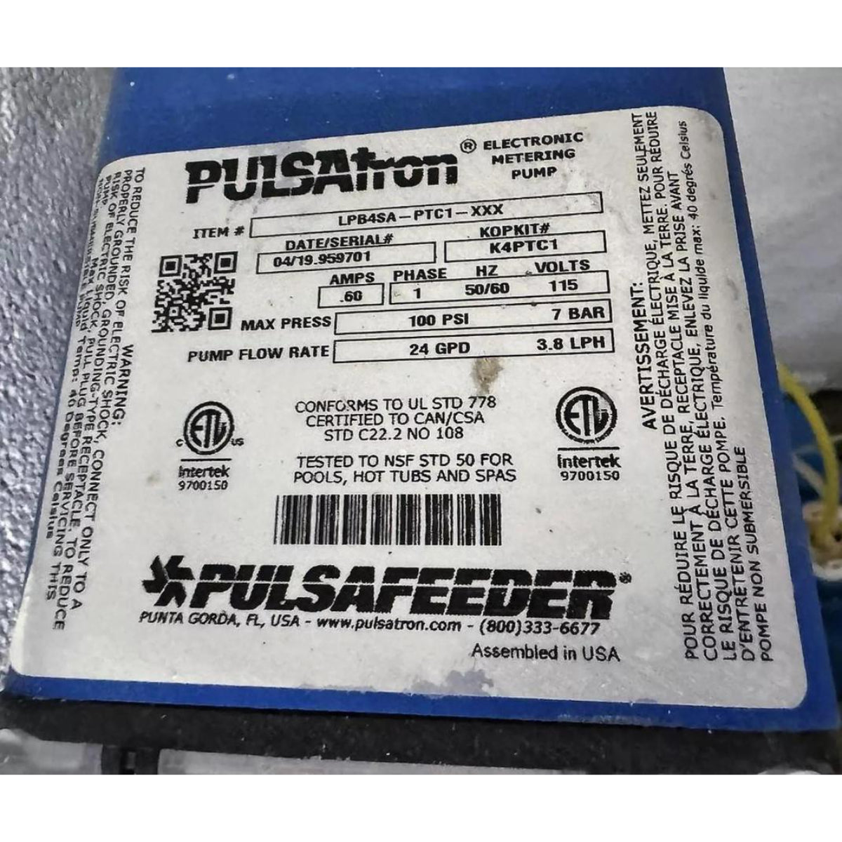 Pulsafeeder electronic metering pump label with technical specifications