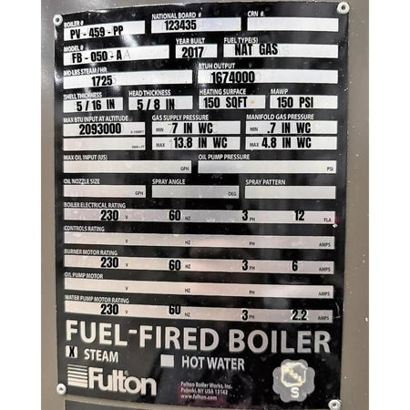 Technical specifications label on a fuel-fired boiler by Fulton