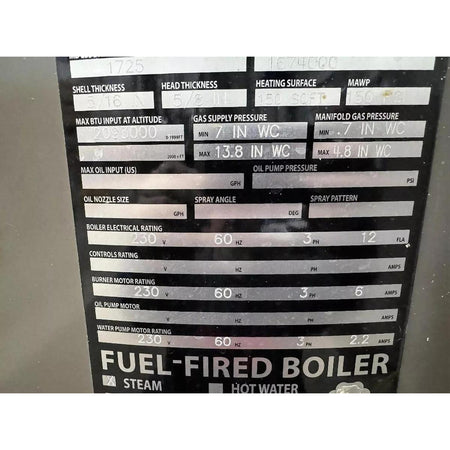 Technical specifications label on a fuel-fired boiler