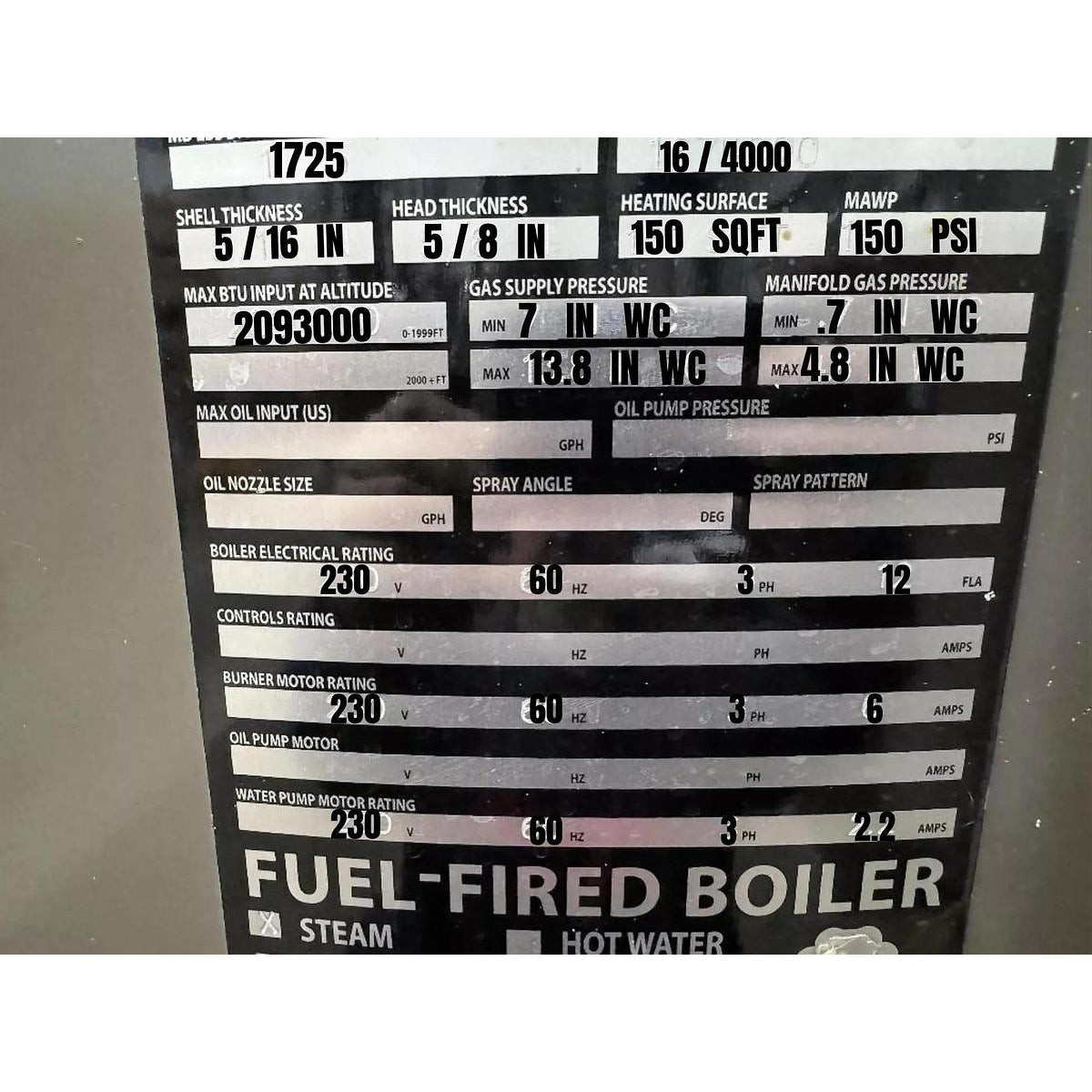 Technical specifications label on a fuel-fired boiler