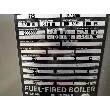 Technical specifications label on a fuel-fired boiler