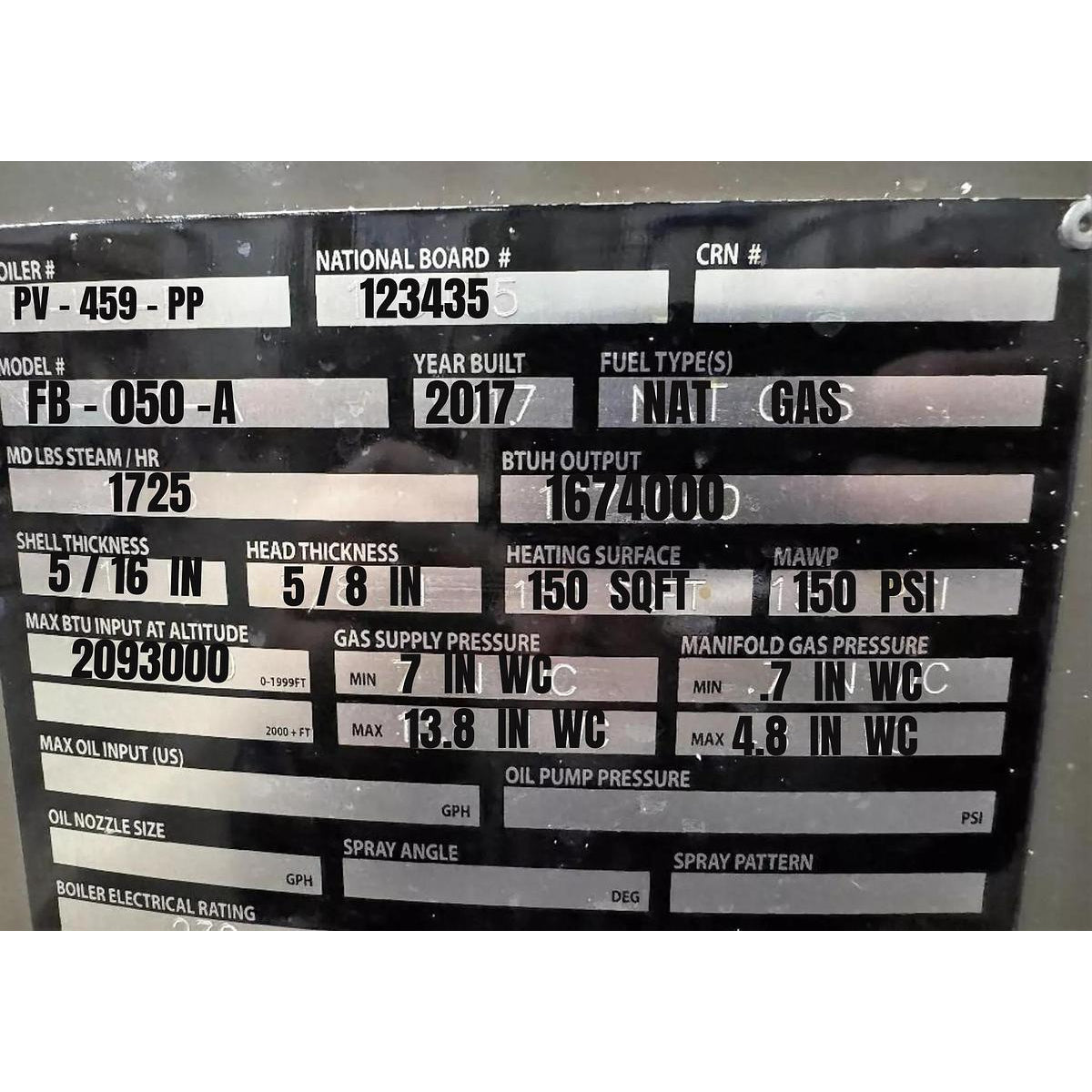 Technical specifications label on a boiler with various data fields.