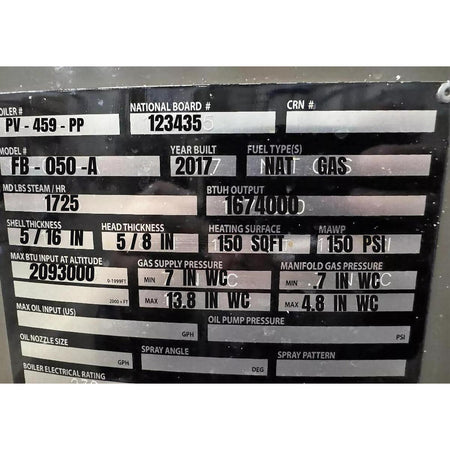Technical specifications label on a boiler with various data fields.