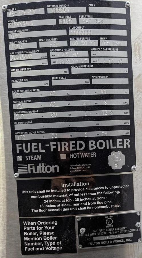 Fulton Classic 30HP 150PSI Vertical Tubeless Steam Boiler FB-030-A 2021
