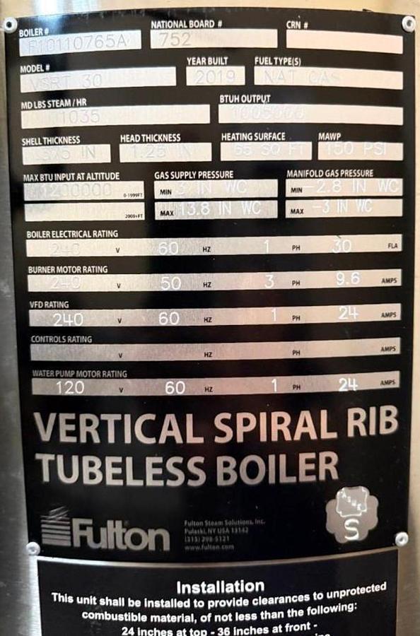 Fulton VSRT30 30HP 150PSI Vertical Spiral Rib Tubeless Steam Boiler - 2019