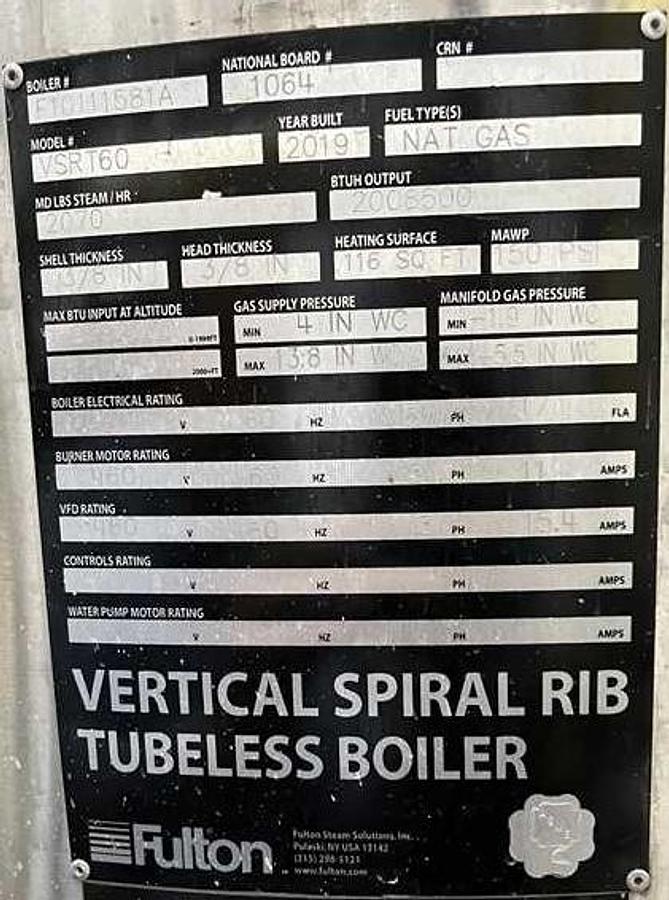 Fulton VSRT60 60HP 150PSI Vertical Spiral Rib Tubeless Steam Boiler - 2019