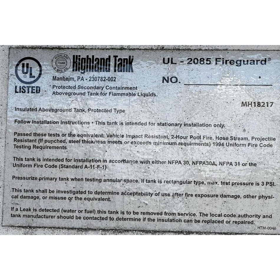 Highland Tank UL-2085 Fireguard 8,000 Gallon Double-Wall Above Ground Storage Tank - Thermally Insulated (Serial# 30144)