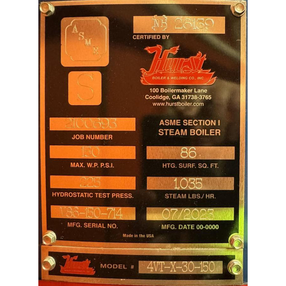 Hurst 4VT-X-30-150 Vertical Tubeless Steam Boiler 30 HP 150 PSI 1035 lbs/hr 2023