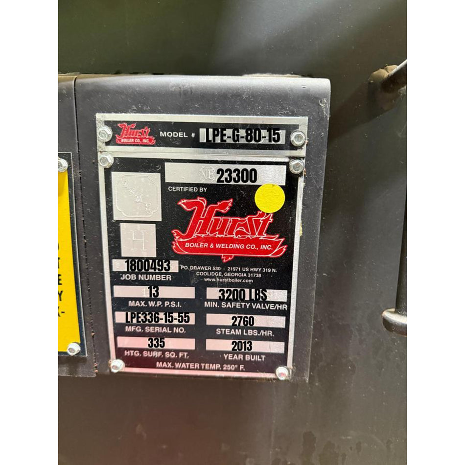 Hurst 80 HP Low Pressure Steam Boiler – LPE-G-80-15 (2013)