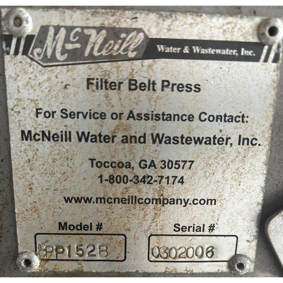 McNeill Water Wastewater Filter Belt Press Model FPP152B Serial 0302006 Sludge Dewatering