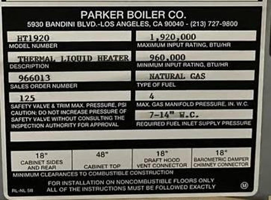 Parker Boiler Thermal Liquid Heater 125 PSI HT1920 1920000 BTU Natural Gas