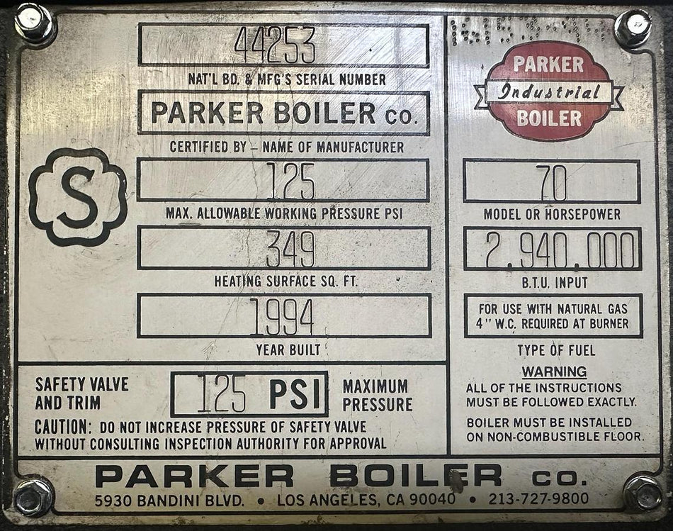 Parker Industrial Steam Boiler 70 HP 125 PSI Model 70 1994