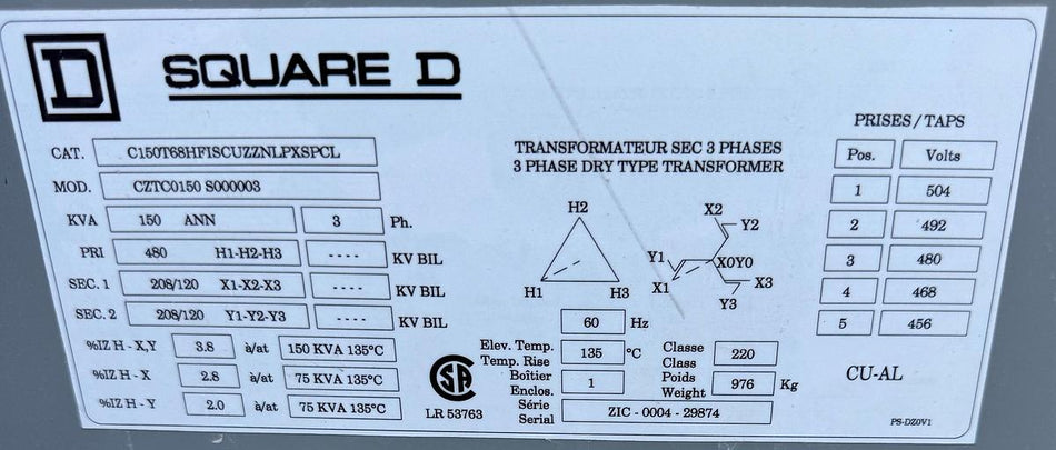 Square D 150 kVA Dry Type Transformer CZTC0150 S000008