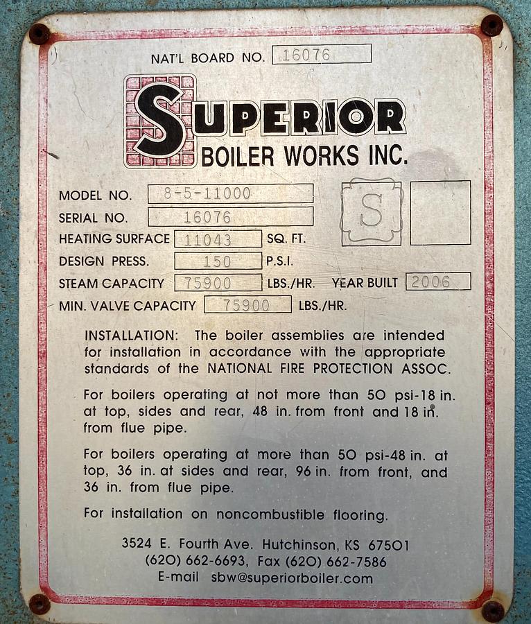 Superior Boiler Package Steam Boiler 2200 HP 150 PSI MAWP 75900 LBS/HR 8-5S-11000 (2006)