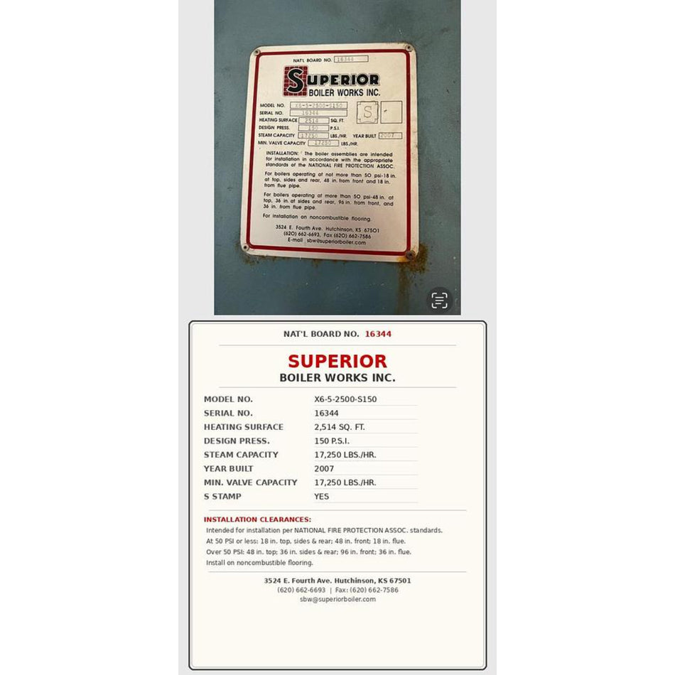 Superior Boiler Works 500HP 150PSI X6-5-2500-S150 Steam Boiler IC Burner Skid 2007