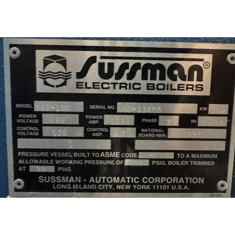 Sussman SSB100 Electric Steam Boiler - 102 kW, 480V 3-Phase, ASME, National Board (Serial# N6-13488)