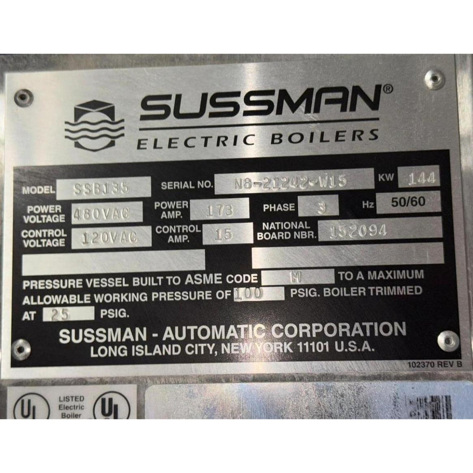 Sussman SSB135 Electric Steam Boiler - 144 kW, 480V 3-Phase, 500 lb/hr, ASME, Stainless Steel (2015)