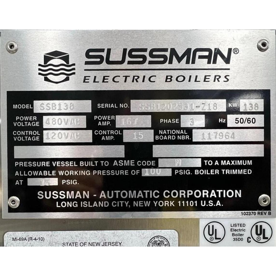 Sussman SSB138 Stainless Steel Electric Steam Boiler - 138 kW, 480V 3-Phase, ASME, w/Shipco Pumps (NB# 117964)