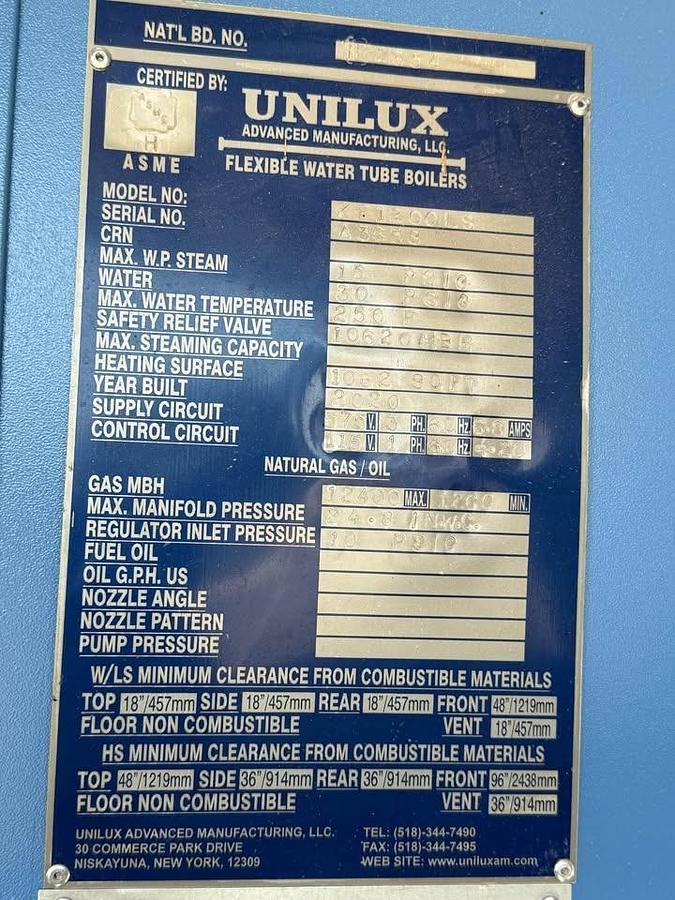 Unilux Flexible Water Tube Boiler 12400 MBH Natural Gas 15 PSIG ZF1200LS 2020