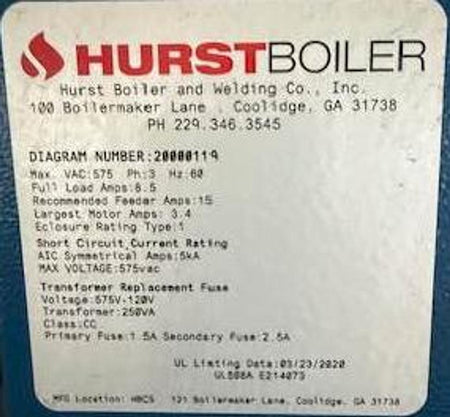 Hurst Boiler label with contact information and specifications on a blue background